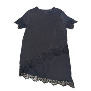 Guess Black Satin Asymmetrical hem tunic Top Lace Trim XS Y2K
